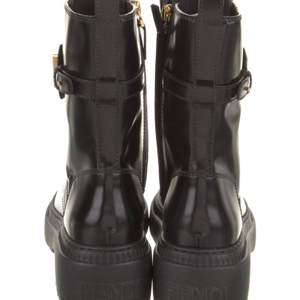 Fendi Black Leather Lace-Up Combat Boots with Gold Logo Buckle - Picture 7 of 8